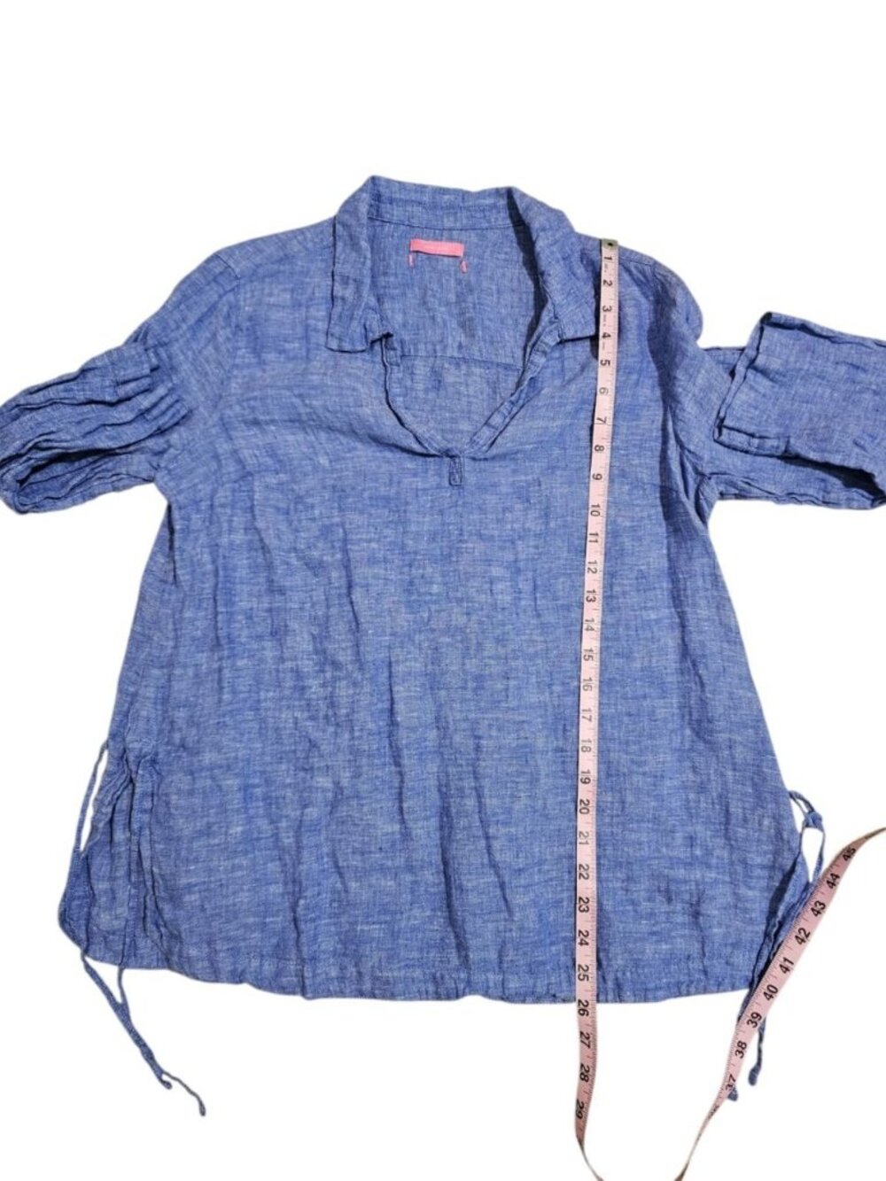 Isaac Mizrahi Womens Large Blouse Blue 100% Linen Coastal Essential Statement - Picture 6 of 6